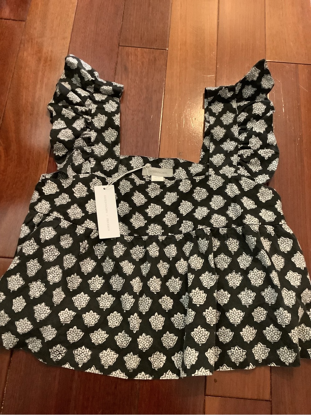 Outerknown Black Floral Square-Neck Peplum Tank